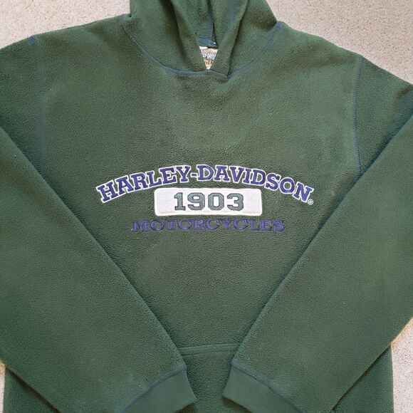 Vintage Y2K Harley Davidson Size S-M Mens Green Embroidered Fleece Hoodie Biker - Picture 2 of 6